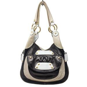 B. Makowsky Large Shoulder Bag Copenhagen Leather Mixed Media Beige Black Cream
